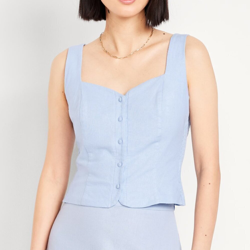 Old Navy Baby Blue Button-Front Linen-Blend Vest L